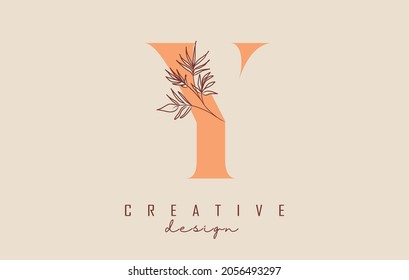 Orange shade Y letter logo design with branch of leaves vector illustration. Minimalist icon for natural, eco and bio products.