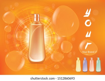 Orange shampoo pack in water with bubbles on background orange. illustration vector