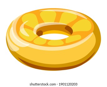 Orange shaped lifebuoy, funny and bright buoy design for kids and children. Yellow circle for swimming by seaside and pool in summer season. Inflatable balloon isolated icon, vector in flat style