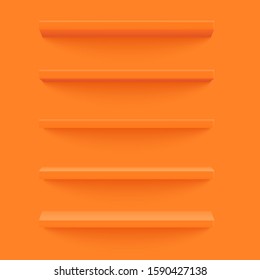 Orange shelf on the yellow wall. Wooden horizontal realistic empty shelf. Isolated object. 3d Vector illustration