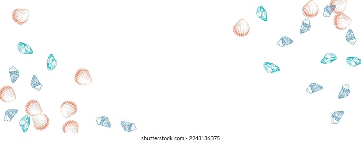 Orange Shell Background White Vector. Seashell Drawn Pattern. Maritime Design. Gray Starfish Cute Illustration.