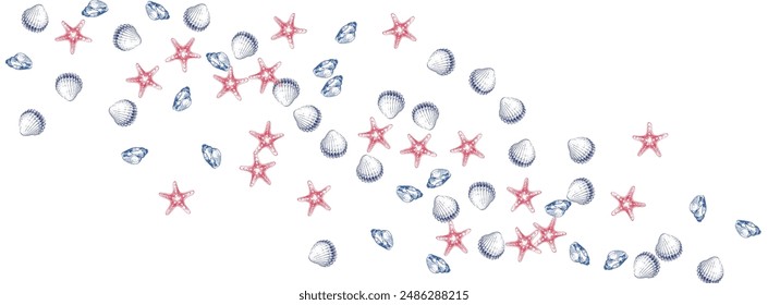 Orange Shellfish Background White Vector. Clam Tropical Wallpaper. Drawing Illustration. Gray Oyster Cartoon Design.