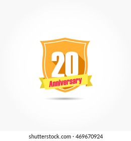 orange shield anniversary logo vector with yellow ribbon