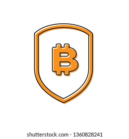 Orange Shield with bitcoin icon isolated on white background. Cryptocurrency mining, blockchain technology, bitcoin, security, protect, digital money. Vector Illustration
