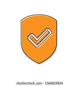 Orange Shield with check mark icon isolated on white background. Protection symbol. Security check Icon. Tick mark approved icon. Vector Illustration