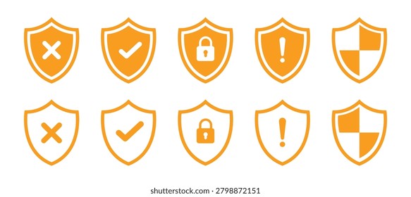 Orange shield collection featuring security symbols like checkmarks, locks, and warnings isolated on white background