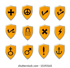 Orange shield icon set with black icons of various popular signs and symbols