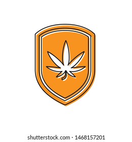 Orange Shield and marijuana or cannabis leaf icon isolated on white background. Marijuana legalization. Hemp symbol.  Vector Illustration