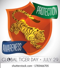 Orange shield with prowling tiger inside of it and reminder ribbons promoting protection and awareness during Global Tiger Day this 29th July.