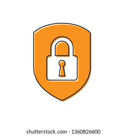 Orange Shield security with lock icon isolated on white background. Protection, safety, password security. Firewall access privacy sign. Vector Illustration