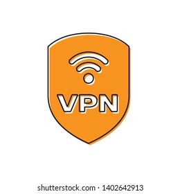Orange Shield with VPN and wifi wireless internet network symbol icon isolated on white background. VPN protect safety concept. Vector Illustration