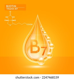 Orange shine vitamin B7 water drop with oxygen bubble net around and structure chemical formula. Biotin beauty skin care. For the design of medical, food and drug products. 3D Realistic Vector.