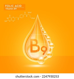 Orange shine vitamin B9 water drop with oxygen bubble net around and structure chemical formula. Folic Acid beauty skin care. For the design of medical, food and drug products. 3D Realistic Vector.