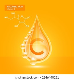 Orange shine vitamin C water drop with oxygen bubble net around and structure chemical formula. Ascorbic Acid beauty skin care. For the design of medical, food and drug products. 3D Realistic Vector.