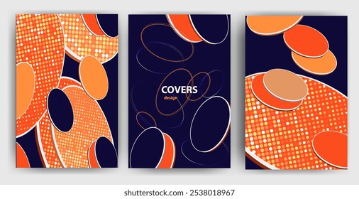 Orange shiny round figures on dark blue background. Set of backgrounds, covers.