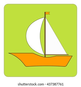 Orange ship on green background. Vector illustration. 
