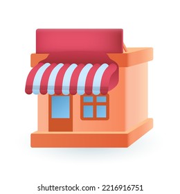 Orange shop building with awning 3D icon. Isometric facade of store, supermarket or cafe 3D vector illustration on white background. Business, marketing, shopping, commerce concept