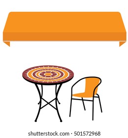 Orange shop window awning  vintage outdoor table and chair. Round table and chair vector icon. Restaurant furniturre