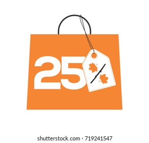 Orange shopping bag with 25% text and a maple leaf percent design white price tag label on it isolated on white background. For autumn sale campaigns.