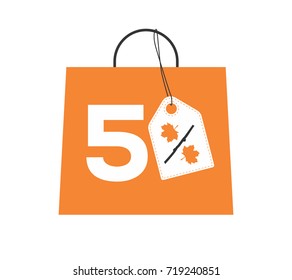 Orange shopping bag with 5% text and a maple leaf percent design white price tag label on it isolated on white background. For autumn sale campaigns.