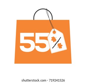 Orange shopping bag with 55% text and a maple leaf percent design white price tag label on it isolated on white background. For autumn sale campaigns.