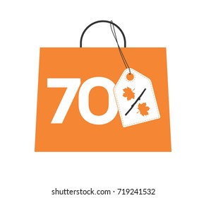 Orange shopping bag with 70% text and a maple leaf percent design white price tag label on it isolated on white background. For autumn sale campaigns.