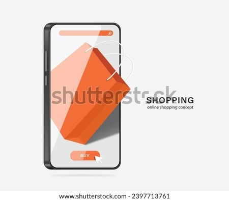 orange shopping bag, buy button, search icon  place on smartphone screen, vector 3d isolated on white background for delivery and online shopping concept design, vector for e commerce design