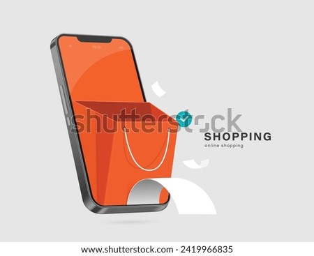 orange shopping bag open on smartphone screen And a receipt comes out after confirming the order and paying for online shopping, vector 3d isolated for delivery and e commerce concept design