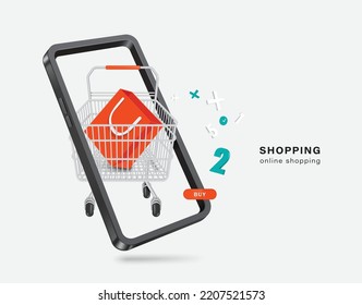 Orange shopping bag place in cart or trolley and all object floating on smartphone screen,vector 3d isolated on white background for delivery and online shopping concept design