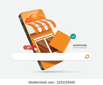 Orange shopping bag, search bar, press buy icon appear and display front smartphone store or shop,vector 3d isolated on white background for e commerce,delivery and online shopping concept