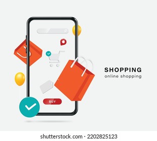 bolso de compra naranja, icono de carro, pin, icono de compra y icono de confirmación de pedido Los Pops están en pantalla de smartphone, vector 3d aislado en fondo blanco para entrega y diseño de concepto de publicidad de compras en línea