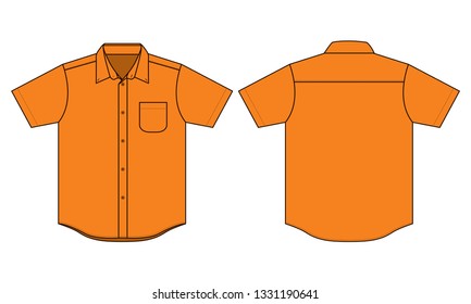 Orange Short Sleeve Shirt With One Pocket Template Vector On White Background. Front And Back View.