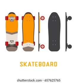 Orange shortboard skateboard bottom, top and side view. Vector skateboarding deck in flat and outline design.