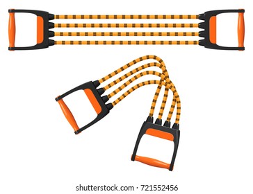 Orange shoulder expander with elastic cords, stretched and folded, vector illustration on white background.