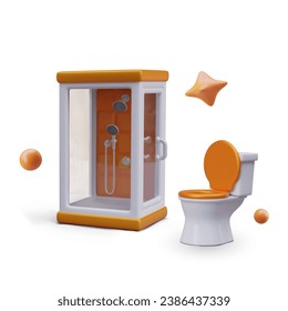 Cabina de ducha naranja con puerta transparente, inodoro, burbujas, estrella. Objetos vectoriales realistas, vista lateral. Imagen aislada sobre fondo blanco. Establecido para el almacén de diseño de equipos de fontanería, detergentes