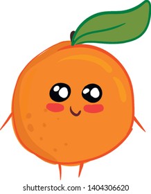 An orange showing it's orange color with on green leaf on top of his head that has black and white eyes, pink cheeks and purple smiling lips, vector, color drawing or illustration. 