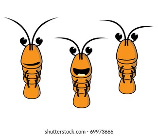 Orange shrimp character in various facial expressions and emotions.