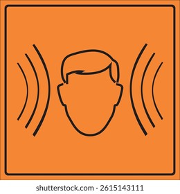 Orange sign with a human head and sound waves, indicating noise hazard or hearing protection awareness