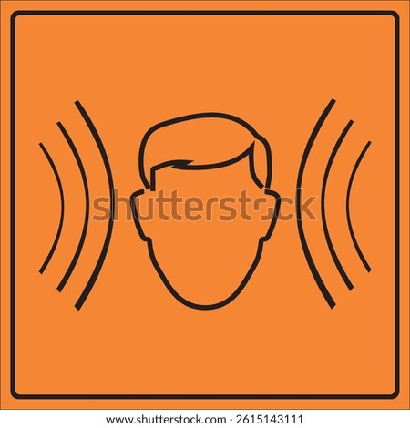 Orange sign with a human head and sound waves, indicating noise hazard or hearing protection awareness