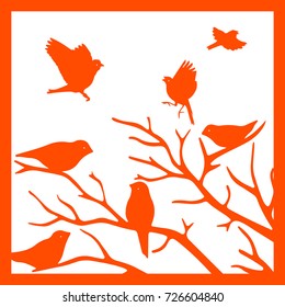 Orange silhouette in the frame, birds on a branch, on a white background.vector