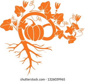 Orange silhouette of general view of pumpkin plant with ripe fruit, leaves, flowers and root system isolated on white background