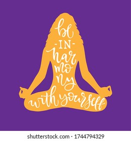 Orange silhouette girls in lotus position with calligraphy, isolated on purple background. Vector illustration with lettering for international yoga day. Typography template for shirt, banner. eps10