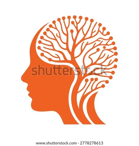 Orange silhouette of human head with tree branches growing out of it