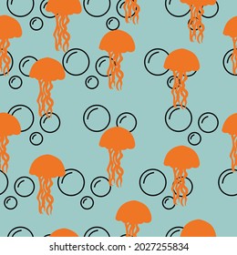 Orange silhouette jellyfish with outline bubbles seamless pattern, bright silhouettes of underwater animals on a blue background vector illustration