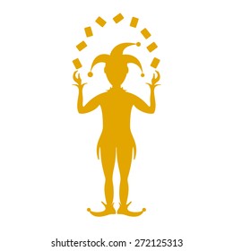 Orange silhouette of Joker playing with cards 