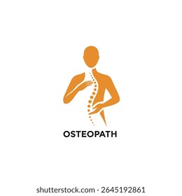 Uma silhueta laranja de uma pessoa com as mãos em sua coluna é mostrada A coluna é representada por pontos laranja em um fundo branco A palavra Osteopath está abaixo da figura