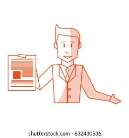 orange silhouette shading cartoon half body executive man with document in a hand