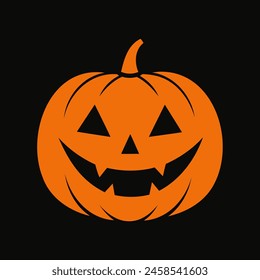 Orange silhouette of smiling Halloween pumpkin. Illustration. Jack-o-lantern. Isolated on black background Concept of Halloween, festive decor, autumn celebration, October tradition. Icon.