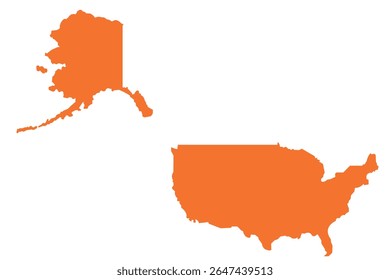 Silhueta laranja do mapa dos EUA com o Alasca separado, ilustrando a localização geográfica e as fronteiras do ícone dos Estados Unidos
