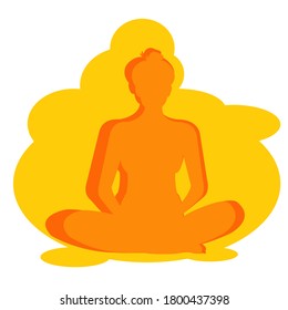  Orange Silhouette of Woman with shadow is meditation sitting in power yoga pose with yellow background Yogi woman in Baddha Konasana or Bound Angle Yoga pose. Logo design concept vector illustration 